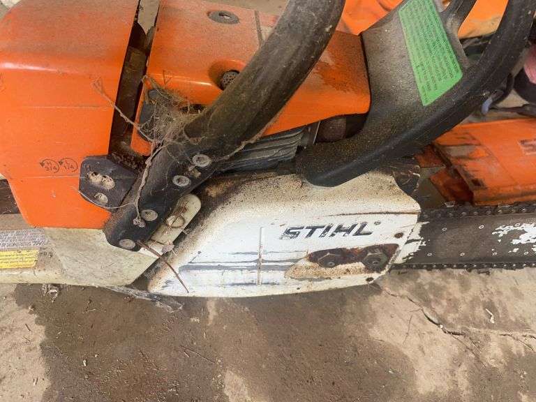Stihl MS 367 chainsaw, blade cover, jacket, helmet & misc.