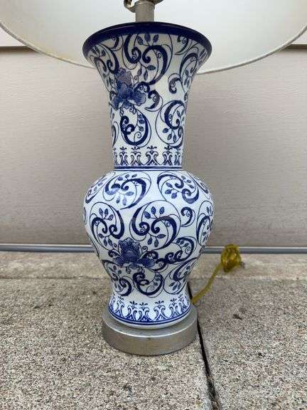 Blue and White Linen Table Lamp (27” H)