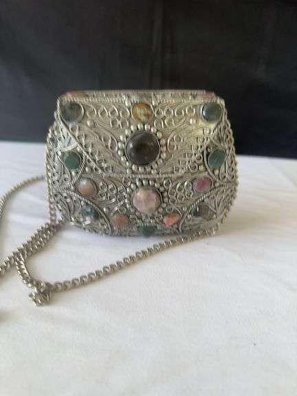 (3) Crystal Candle Holders, Blue Patterned Tray, misc. Perfumes l, Metal Purse, and other misc.