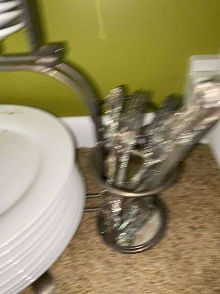 Silver Plated Dish and Silverware Holder, with Silver Plated Utensils and Plates