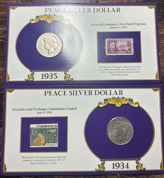 Lot of Two (2) Peace Silver Dollars with Commemorative Cards & Stamps