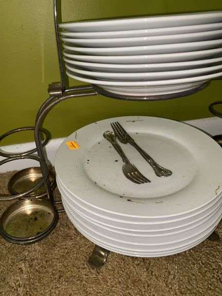 Silver Plated Dish and Silverware Holder, with Silver Plated Utensils and Plates