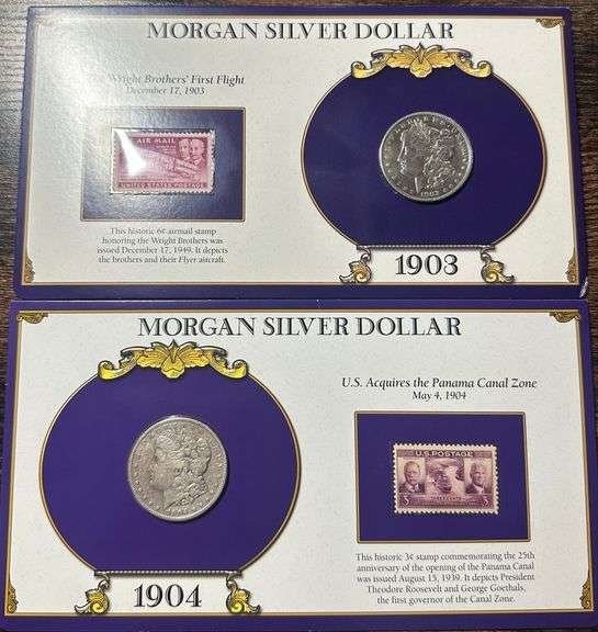 Lot of Two (2) Morgan Silver Dollars with Commemorative Cards & Stamps