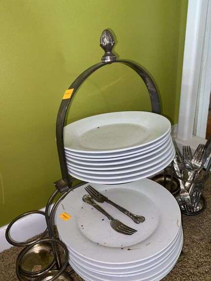 Silver Plated Dish and Silverware Holder, with Silver Plated Utensils and Plates