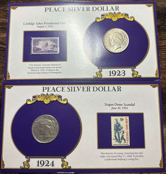 Lot of Two (2) Peace Silver Dollars with Commemorative Cards & Stamps
