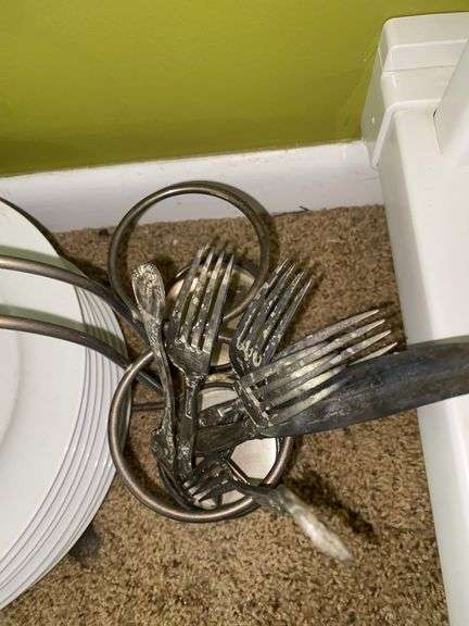 Silver Plated Dish and Silverware Holder, with Silver Plated Utensils and Plates