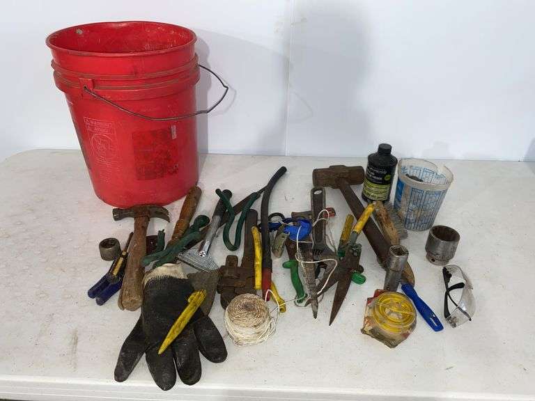 Assorted Tools , 5 Gallon Bucket (Has A Crack)