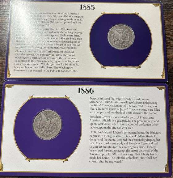 Lot of Two (2) Morgan Silver Dollars with Commemorative Cards & Stamps