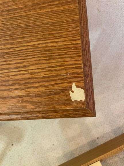Wooden office desk, rolling chair, and stand