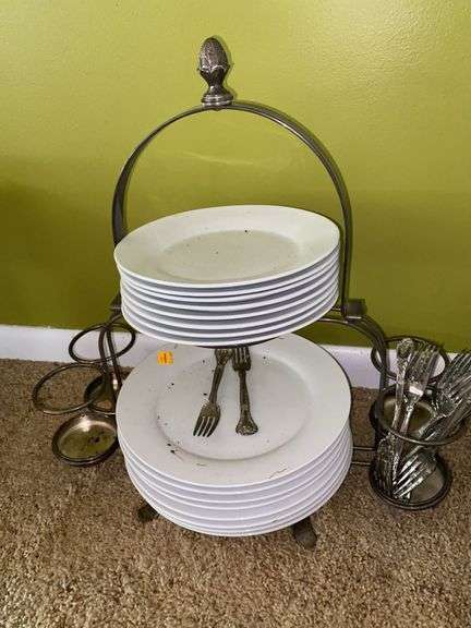 Silver Plated Dish and Silverware Holder, with Silver Plated Utensils and Plates