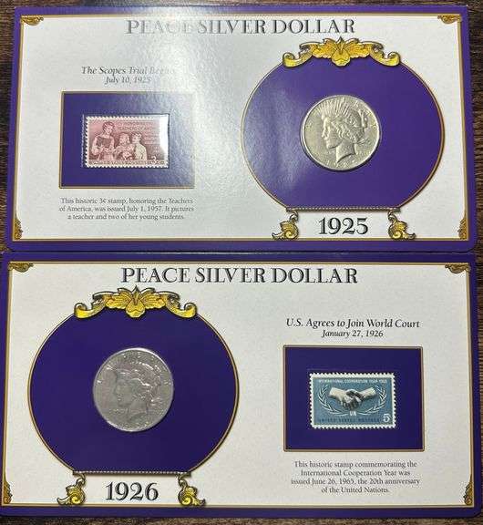 Lot of Two (2) Peace Silver Dollars with Commemorative Cards & Stamps
