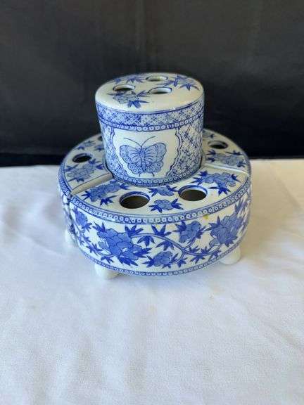 Blue and White Patterned Floral Arranger, Vase, Measuring Cups, (2) Corks, and Dish