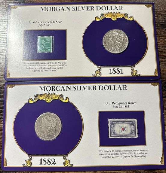 Lot of Two (2) Morgan Silver Dollars with Commemorative Cards & Stamps