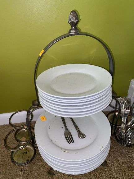Silver Plated Dish and Silverware Holder, with Silver Plated Utensils and Plates
