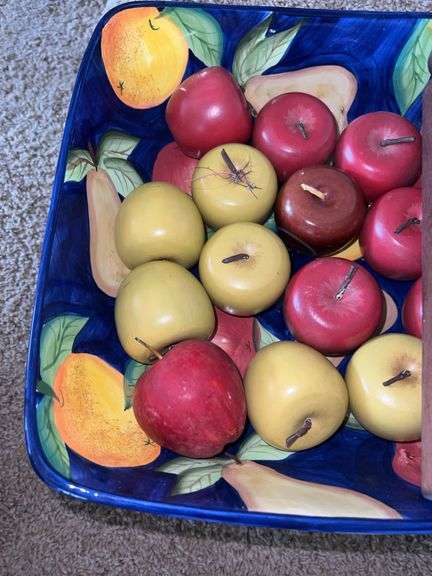 Tabletops Unlimited Orchard Fruit Pedestal Bowl with Wooden Apples and Wooden Rolling Pin
