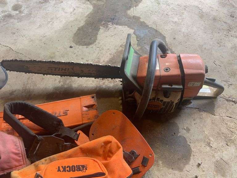 Stihl MS 367 chainsaw, blade cover, jacket, helmet & misc.