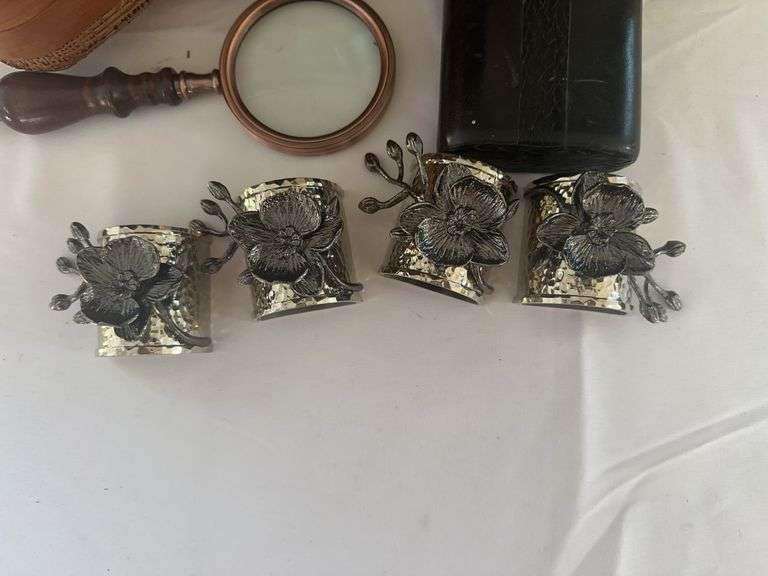 Cigar Case, (2) Stuffed Animals, Basket, (4) Napkin Rings, and other misc.