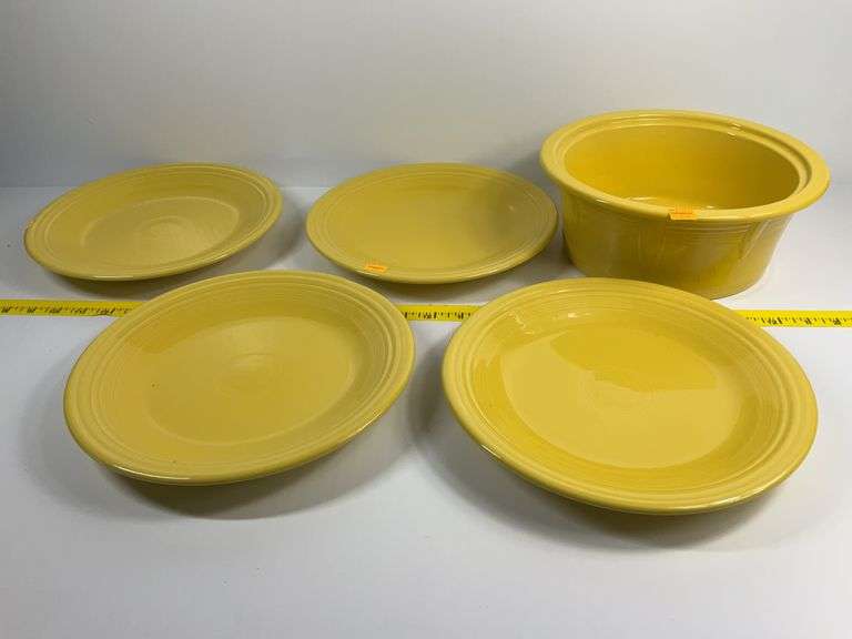 4 Yellow Fiesta Ware Plates, Casserole Dish