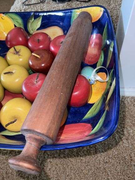 Tabletops Unlimited Orchard Fruit Pedestal Bowl with Wooden Apples and Wooden Rolling Pin