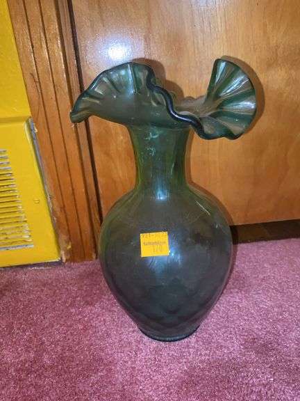 Fenton Green Ruffled Quilted Vase