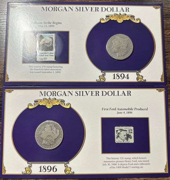 Lot of Two (2) Morgan Silver Dollars with Commemorative Cards & Stamps