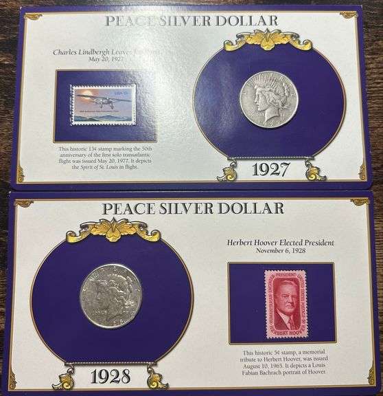 Lot of Two (2) Peace Silver Dollars with Commemorative Cards & Stamps