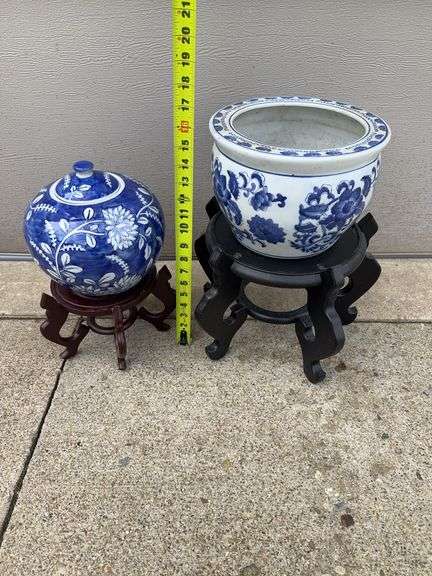 (2) White and Blue Flower Pots