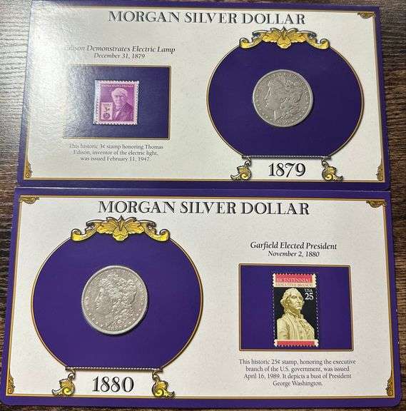 Lot of Two (2) Morgan Silver Dollars with Commemorative Cards & Stamps