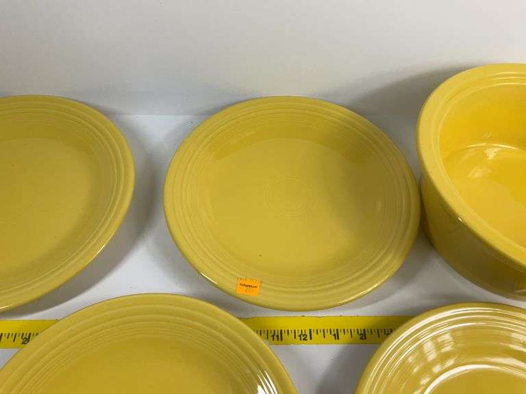 4 Yellow Fiesta Ware Plates, Casserole Dish
