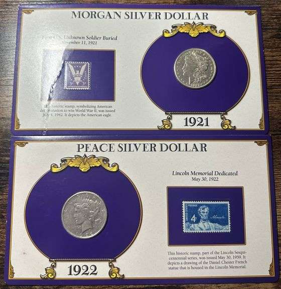 Lot of Two (2) Silver Dollars with Commemorative Cards & Stamps