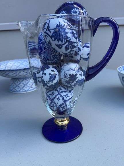 White and Blue Bowl, Porcelain Eggs, Glass Balls, Pitcher and a Spice Jar