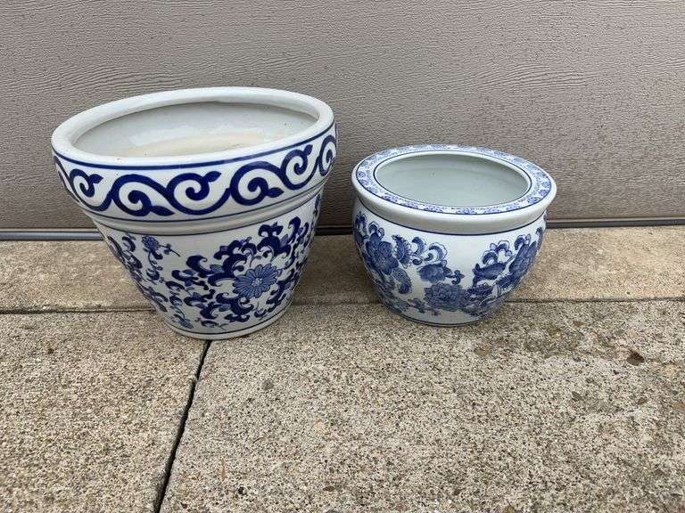 (2) Blue and White Flower Pots