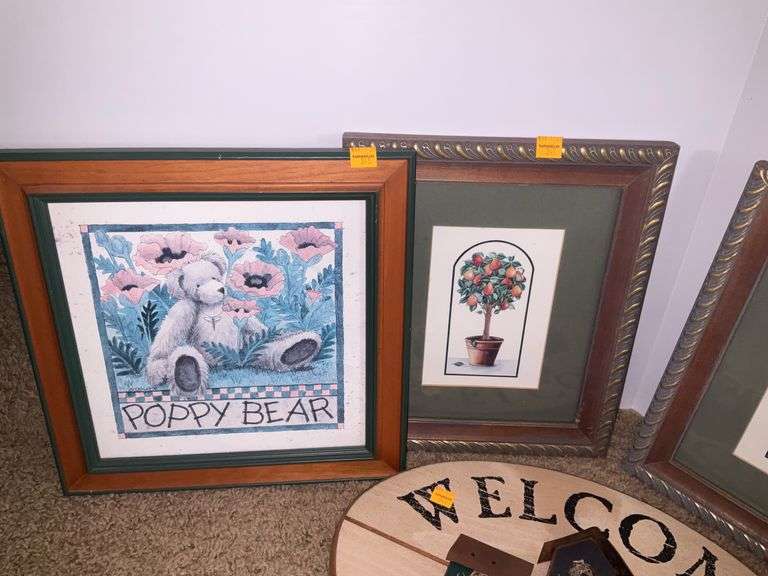 4 Framed Prints, 1 Hanging Wall Decor. Sign