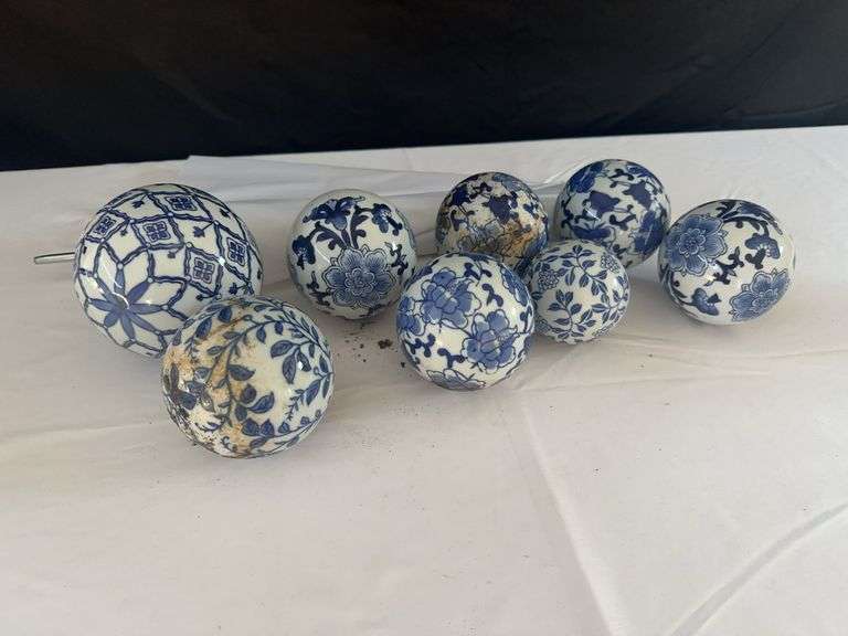 (8) Blue and White Patterned Ceramic Balls