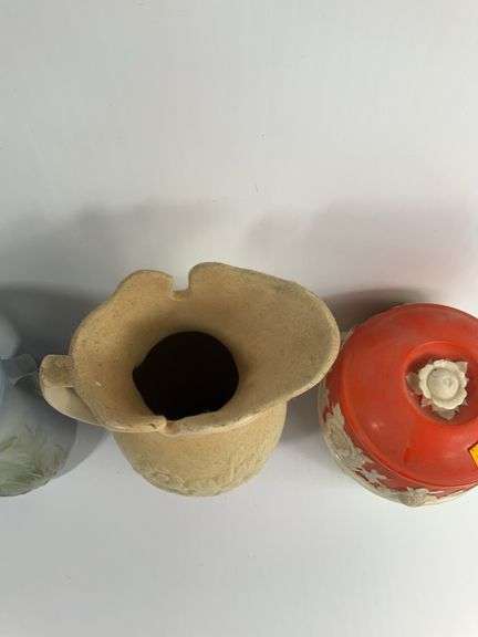 2 Pottery Pitchers, Vintage Covered Sugar Bowl