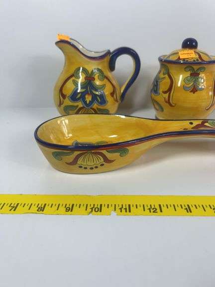 Maxcera Yellow Talavera Creamer and Sugar Pots, Spoon Rest