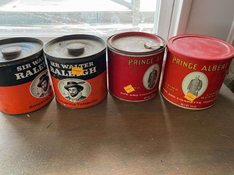 (2) Vintage Prince Albert Tobacco Cans, (2) Vintage Sir Walter Raleigh Tobacco Cans
