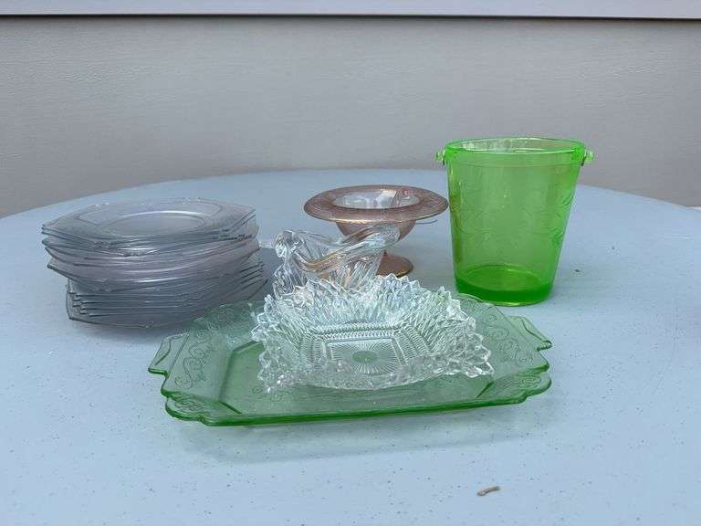 Uranium Glass Ice Bucket, (12) Plates, Candle Holder, and (3) Serving Dishes