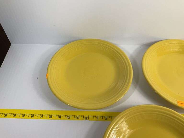 4 Yellow Fiesta Ware Plates, Casserole Dish