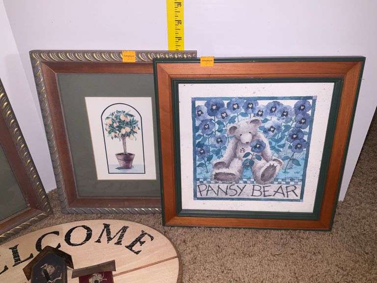 4 Framed Prints, 1 Hanging Wall Decor. Sign
