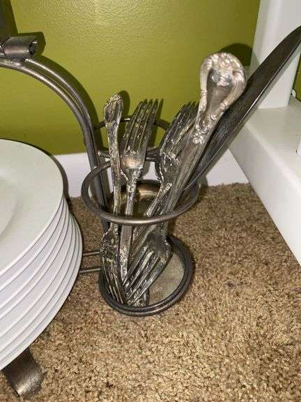 Silver Plated Dish and Silverware Holder, with Silver Plated Utensils and Plates
