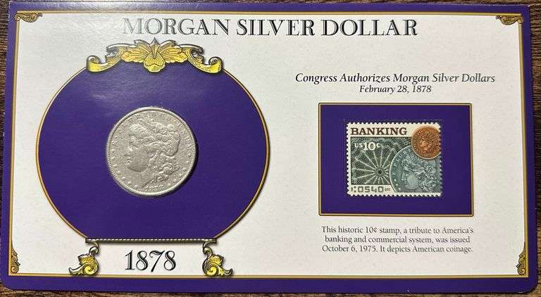 1878 Morgan Silver Dollar with Commemorative Card & Stamp