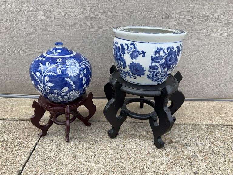 (2) White and Blue Flower Pots