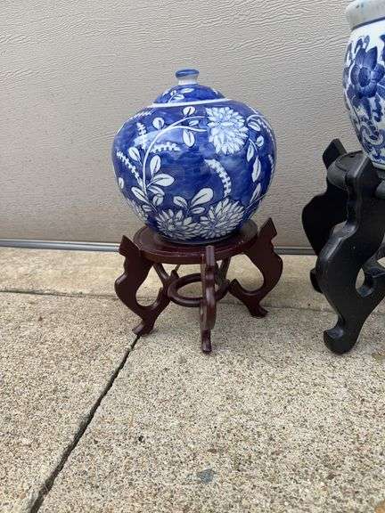 (2) White and Blue Flower Pots