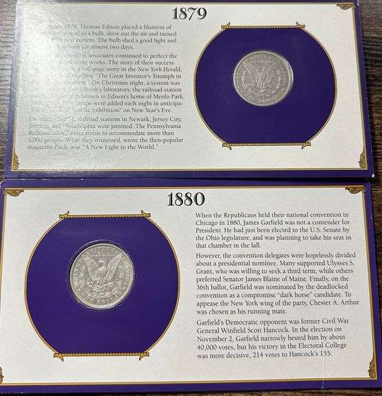 Lot of Two (2) Morgan Silver Dollars with Commemorative Cards & Stamps
