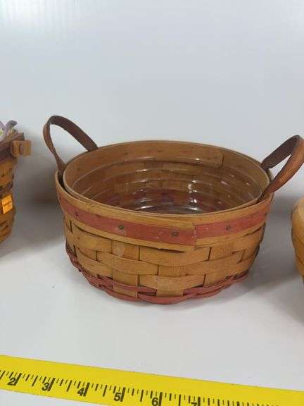 Longaberger Catch All Basket with Wooden Lid, Longaberger Round Basket with Leather Handles, Longabe