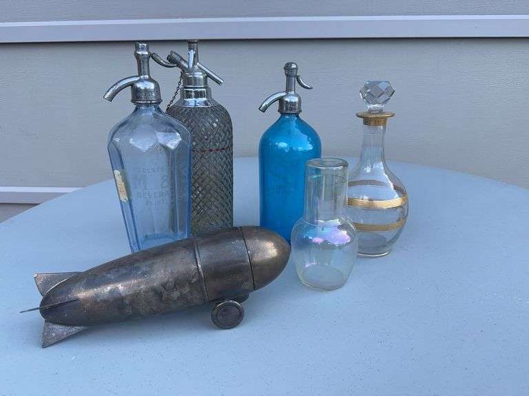 (3) Seltzer Bottles, (2) Decanters, and Bomb Shaker