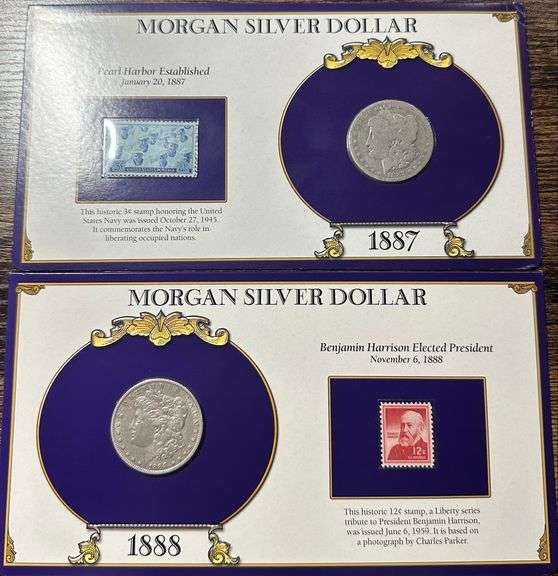 Lot of Two (2) Morgan Silver Dollars with Commemorative Cards & Stamps