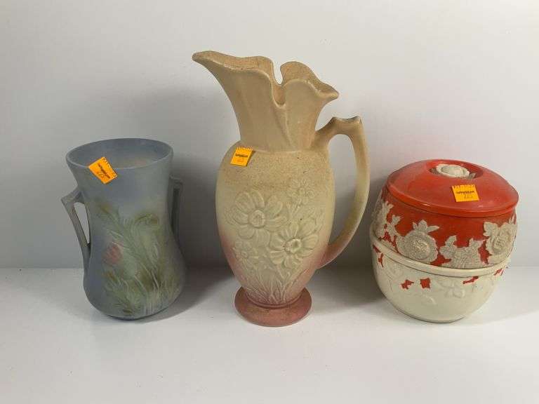 2 Pottery Pitchers, Vintage Covered Sugar Bowl