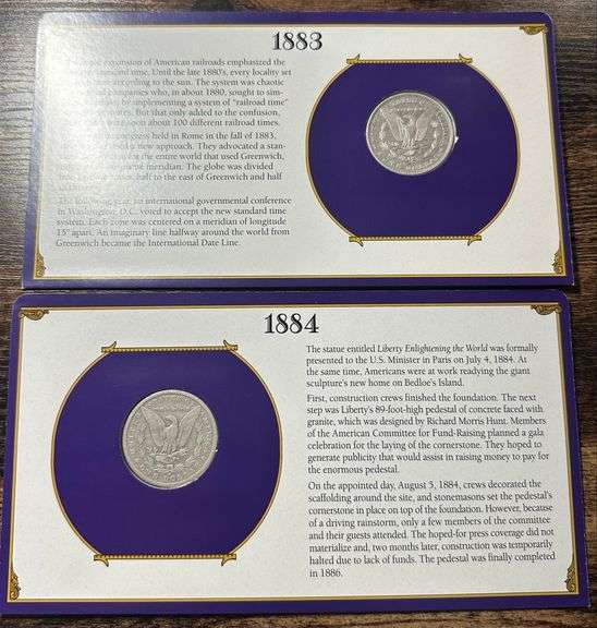 Lot of Two (2) Morgan Silver Dollars with Commemorative Cards & Stamps